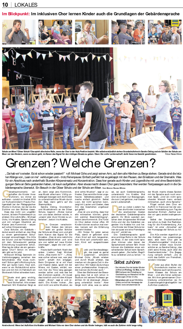 Artikel über den Schulchor in den Cuxhavener Nachrichten (© Maren Reese-Winne)